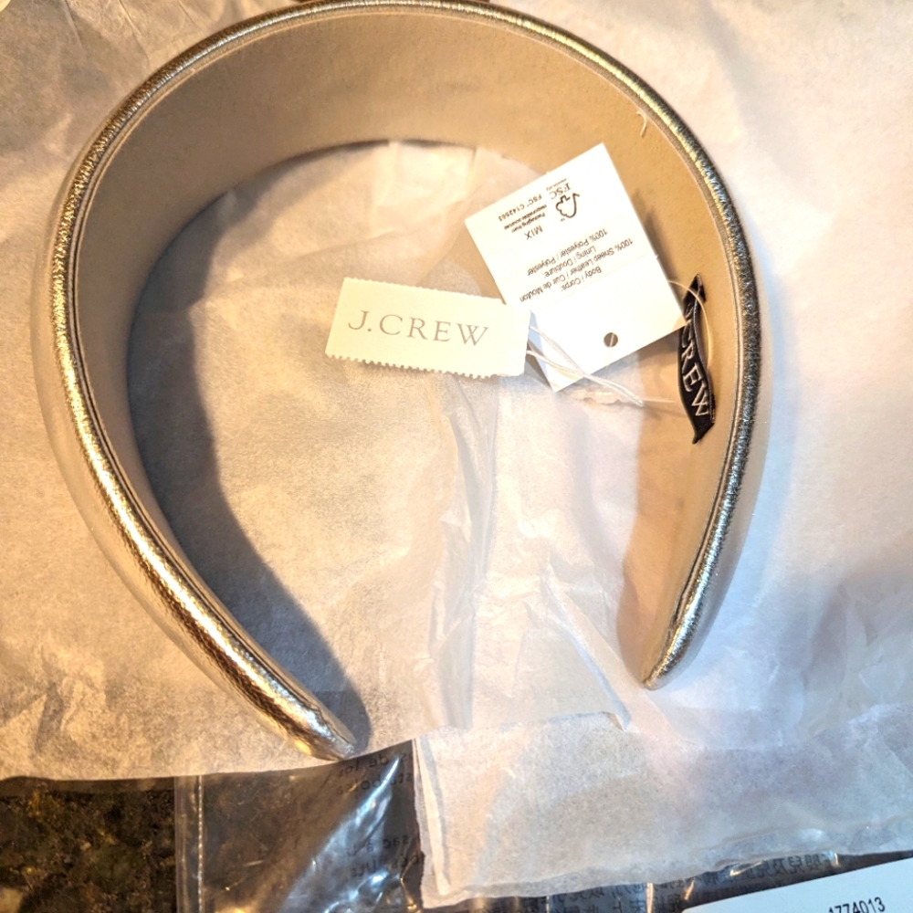 NWT🤩 J. CREW 💌🩶ROSSI PUFFED HEADBAND: SILVER MIRROR🩶💌 ⭐ METALLIC LEATHER!⭐